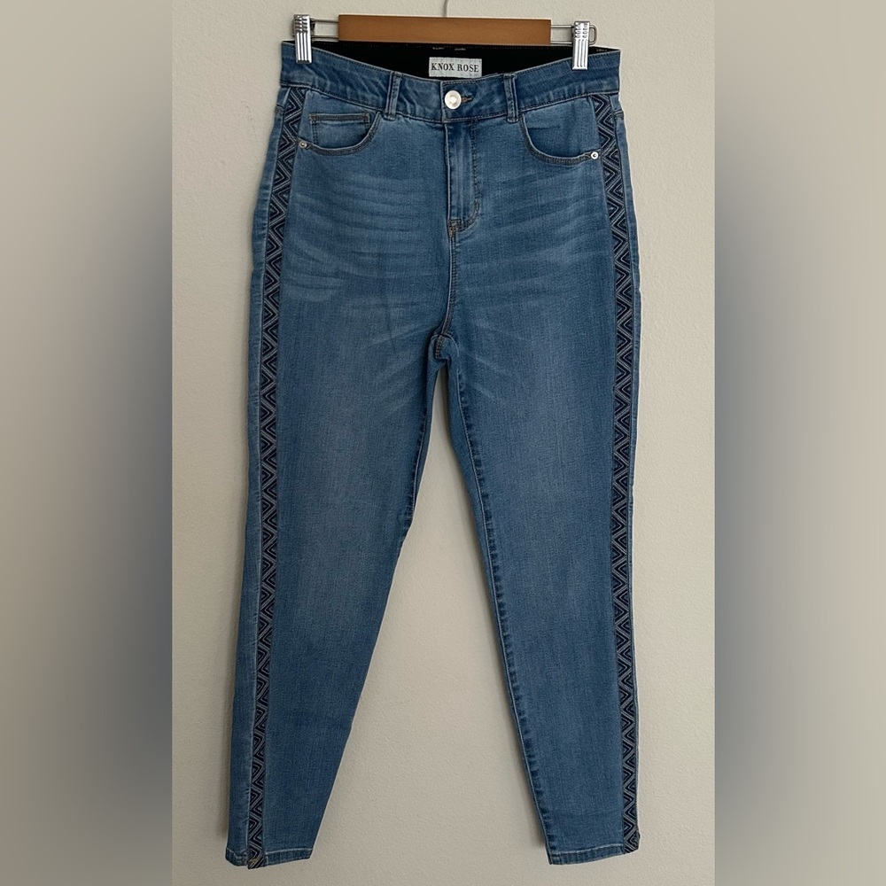 Knox Rose Blue Straight Leg Jeans with Geometric Trim